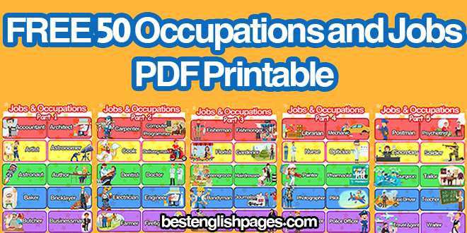 Essential List of Jobs and Occupations In English, FREE Awesome ESL List of 50 Occupations and Jobs PDF Printable